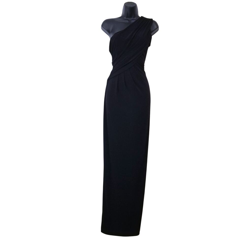 Calvin Klein Black One Shoulder Draped Long Dress Asymmetric Neckline Back Slit